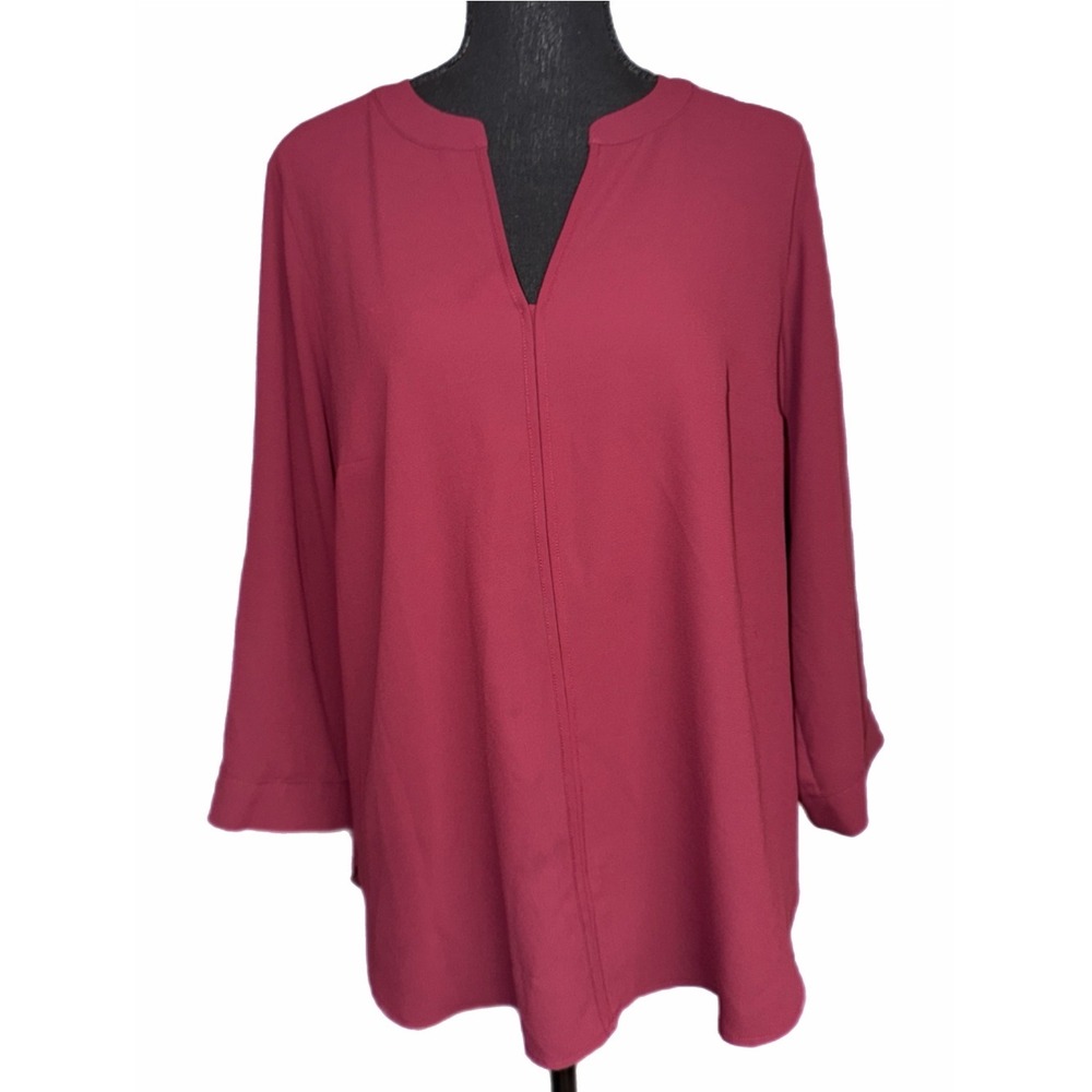 41 Hawthorn Burgundy Split Neck Pleated Back Roll Tab Blouse 1X